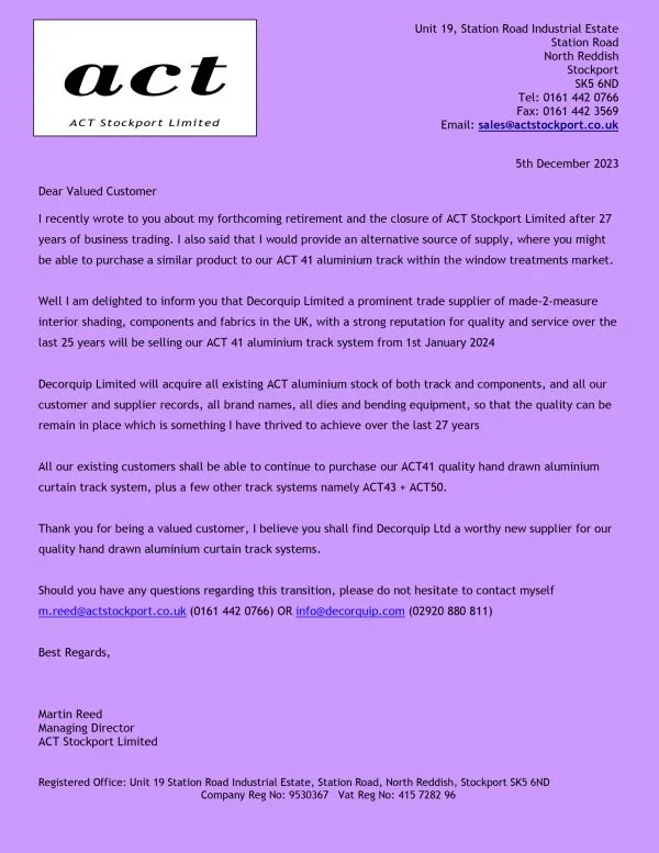 Acquisition of ACT Stockport