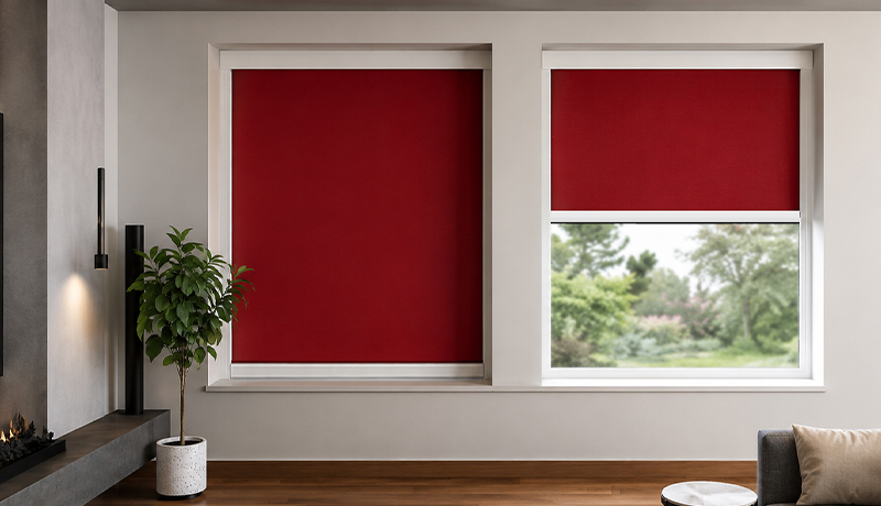 Decorquip red cassetted blackout roller blinds in Capital Collection fabric, fitted in a modern living room