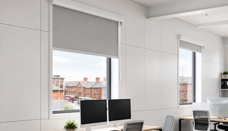 Decorquip Cassetted blackout blinds with Capital Collection PVC fabric in a modern office