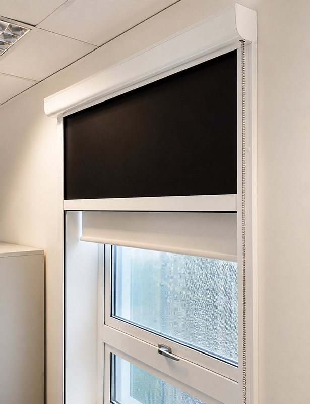 Decorquip blackout Cassetted Roller Blind in a commercial interior