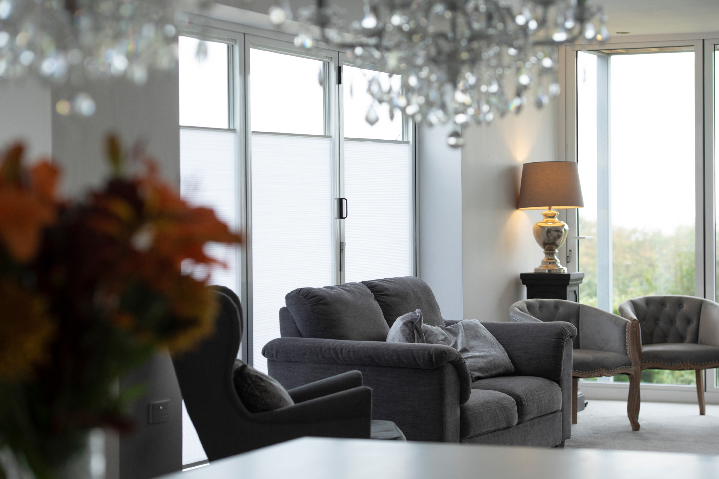 Decorquip white pleated blinds partially lowered on living room windows