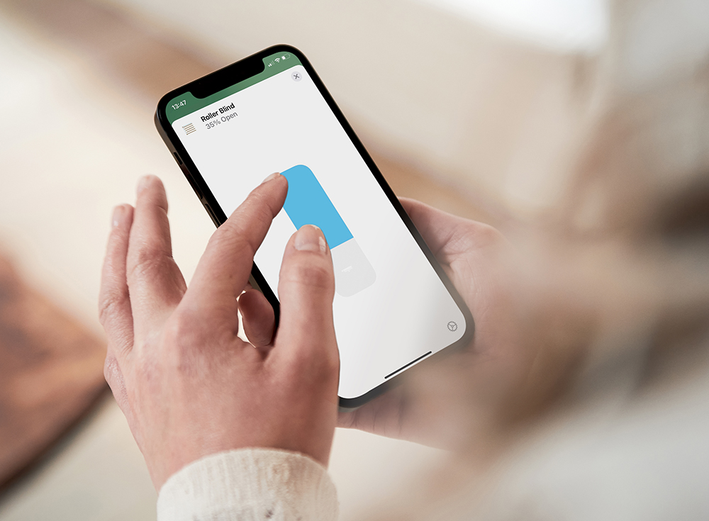 Eve MotionBlinds  smart control app showing a Decorquip  roller blind partially open