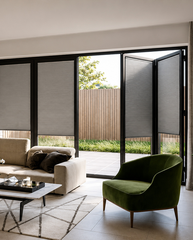 Decorquip grey INTU pleated blinds fitted to black-framed bifold doors in a modern living room