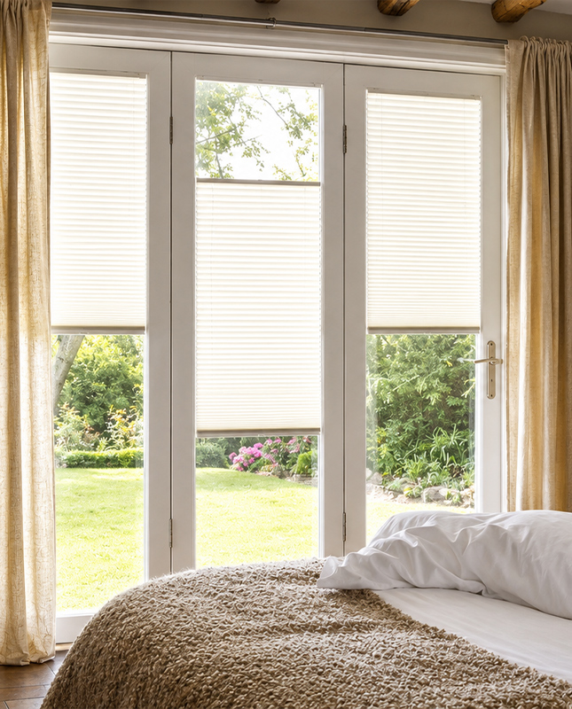 Decorquip white INTU pleated blinds partially lowered on French doors in a neutral bedroom