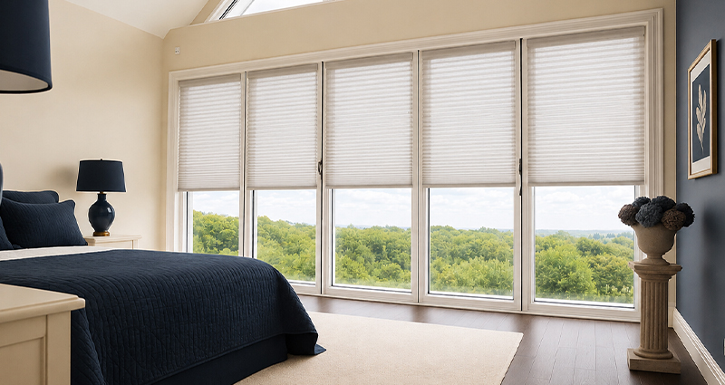 Decorquip white INTU pleated blinds partially lowered across wide bedroom windows