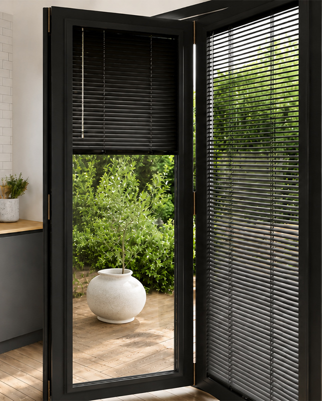 Decorquip black Perfect Fit Venetian blinds fitted to glazed kitchen doors