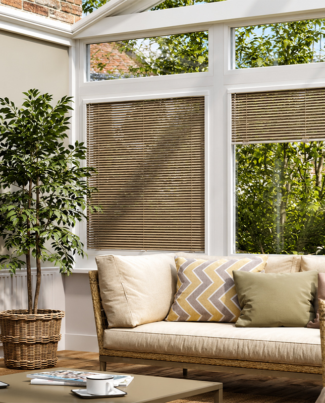 Decorquip brown Perfect Fit Venetian blinds fitted to large conservatory windows