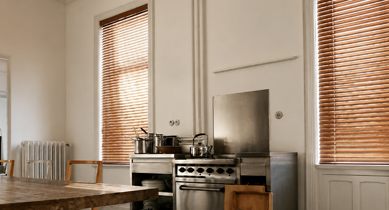 Decorquip Real Wood Venetian blinds fitted to tall kitchen windows