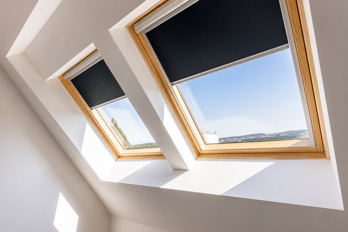 Decorquip skylight blinds partially lowered on timber roof windows in a bright loft interior
