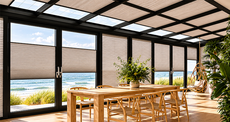 Decorquip beige pleated blinds shading a bright conservatory dining area