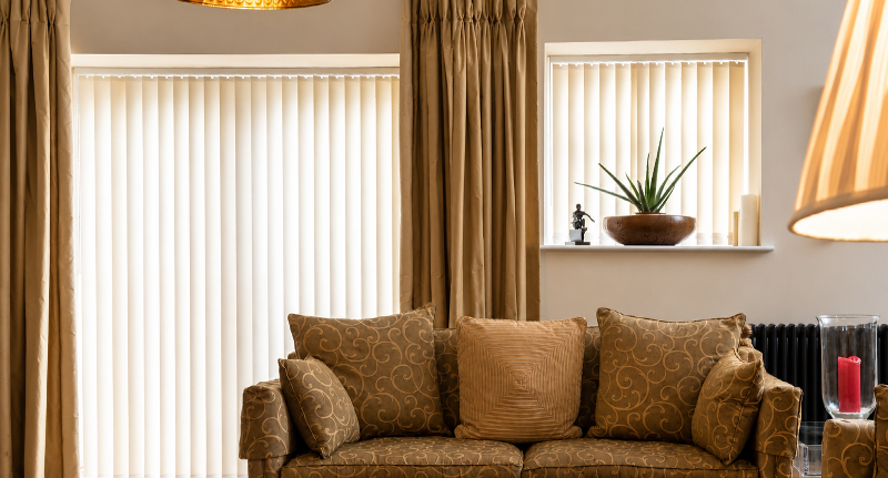 Decorquip cream vertical blinds with beige curtains in a modern living room